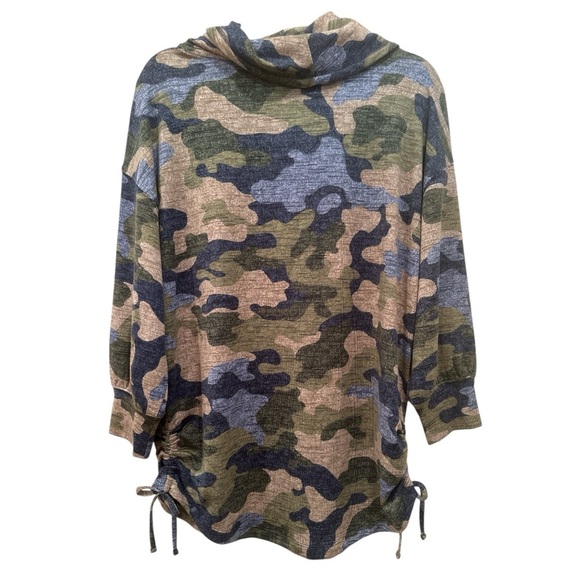Camouflage Cowl Neck Sweater Ruching on Sides Soft Cozy Fall Sz L - Picture 2 of 10
